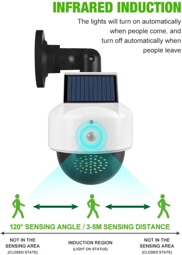 Solcellsdriven falsk säkerhetskamera | Kupolkamera med rörelsesensor för utomhus-/inomhusbruk - Modell 02 B