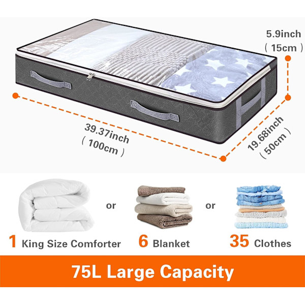 3 stk Underbed Oppbevaringsposer Foldbar Klespose 75L Stor Kapasitet Oppbevaringsbeholdere med Klar Vindu Forsterket Håndtak H