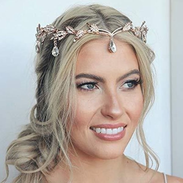 Hårtilbehør - Rhinestone Crystal Tiara - Golden, Leaf Rhinestone Bryllup Tiara, Crown Bryllup T B
