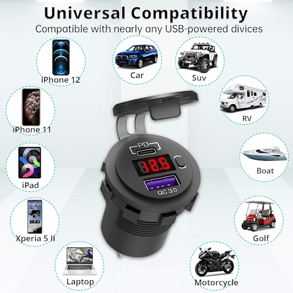 12V USB C-billadapter, Ouffun Dual PD & QC 3.0-porter