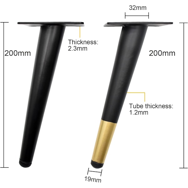 4-pakks sorte gullmetallmøbelben, 20 cm erstatningsben for TV-stativ, underskap og garderobe