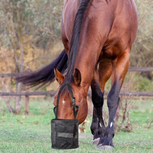 Hestefoderpose, Mesh Kornfoderpose, Justerbar Rem med Holdbar Trykknap og