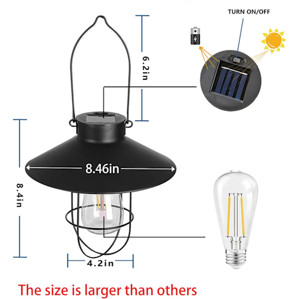 Solcellslampa för utomhus, hängande, metall, sollampa (Black)