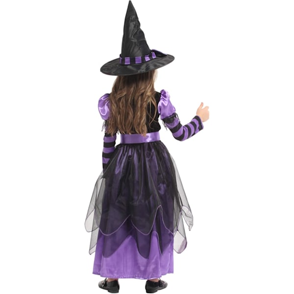 Häxkostym för flickor - Halloweenkostym med hatt och bälte Barnens karneval Cosplay (M, 110-12