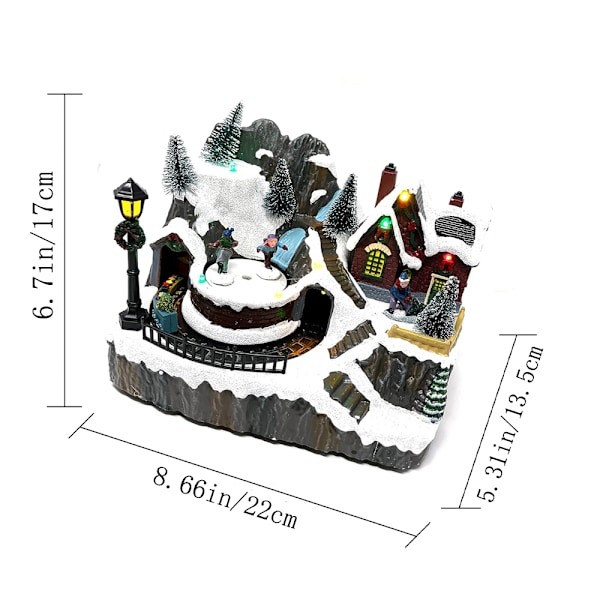Julelandsbyhus i Harpiks med Tog, Julehus Samlefigur med LED-lys (Skøyteløper) D
