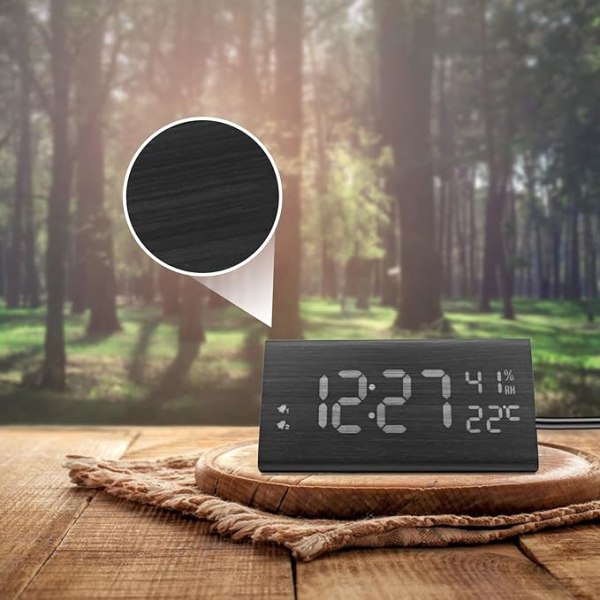 Digital Clock, Wooden Morning Alarm Clock with 2 Alarm Settings,