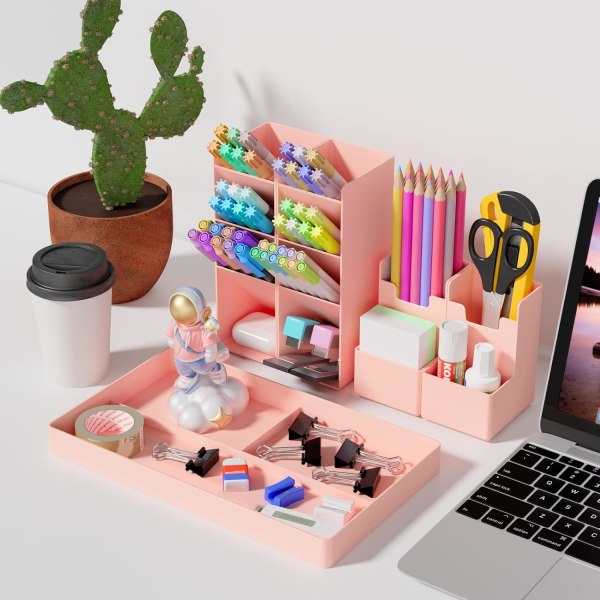 5-delers Skrivebordspenneholder, Rosa Plast Desk Organizer, Multifunct