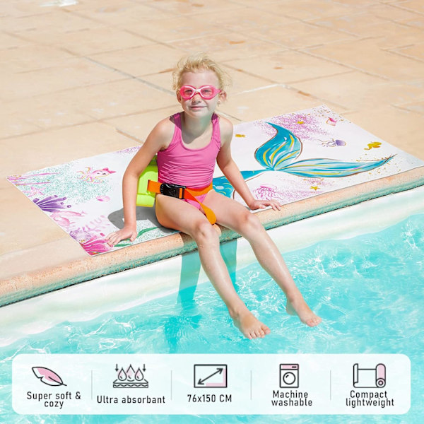 Sjöjungfru Barn Strandhandduk - 70 x 150cm Mikrofiber Sjöjungfru Handdukar för Flickor Bad Pool Camping Resor T