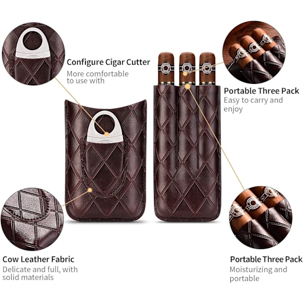 Brun læder cigar etui, 3 rørs rejse bærbar cigar humidor w