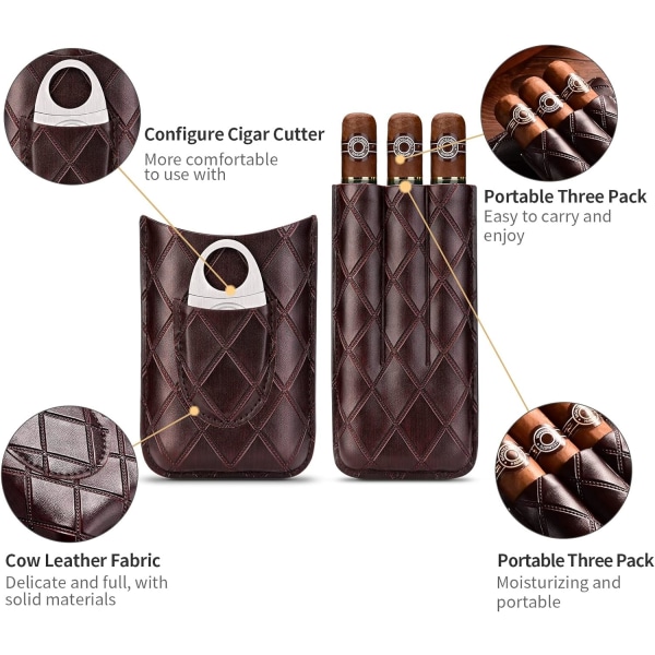 Brun läder cigarrfodral, 3-tubs reseportabel cigarrhumidor w