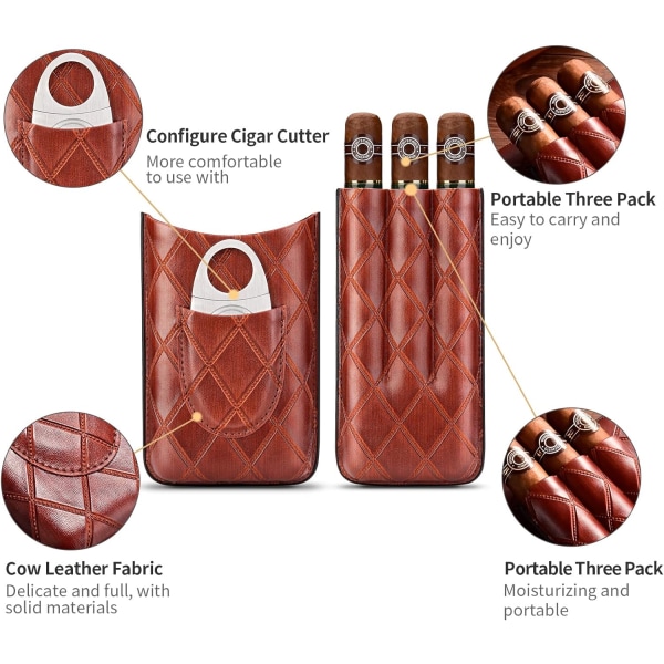 Ljusbrunt case i läder, 3-rörs Travel Portable Cigarr Hum