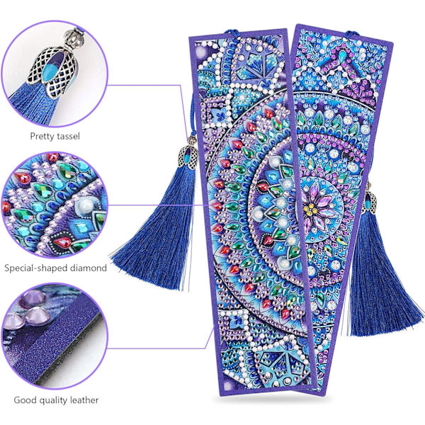 (2 kpl) VETPW Timantti-kirjanmerkkisarja nahkaisen tupsun kanssa, 5D DIY Mandala timanttimaalauskirjanmerkit, Maalaa J