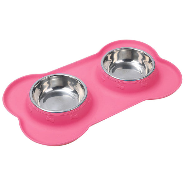 (Pink) Pet Dog Bowl 2 Stainless Steel with No-Spill Non-Slip Silicone Mat and Fo