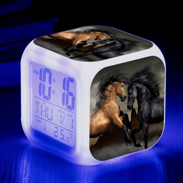 Djurvärlden Hästar Digital väckarklocka（A）, Colorful Lights Alarm