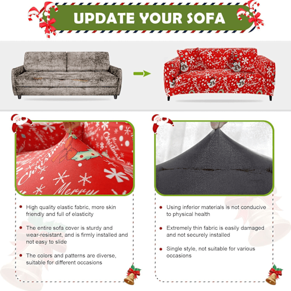 Jultomte, Julsoffaöverdrag 2-sits Soffaöverdrag med Armstöd Universal Tvättad Anti-Halk Elastisk Soffa C C