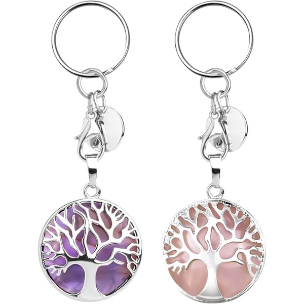 2 stk. Natursten Nøglering, Livets Træ Lithoterapi Reiki Lykkebringer, Amethyst Lommevedhæng, Sundhedsdekoration S