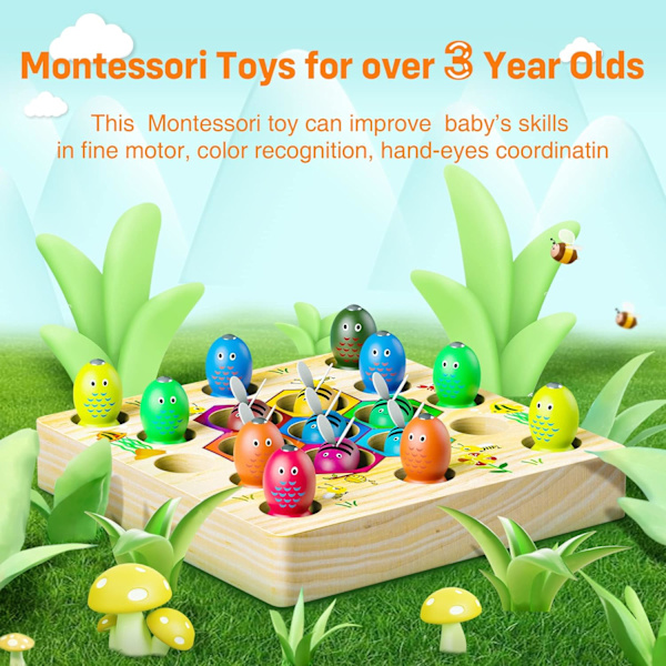 Montessori barnspel - 2-i-1 fiskespel - träleksak för flickor och pojkar 2 3 4 år