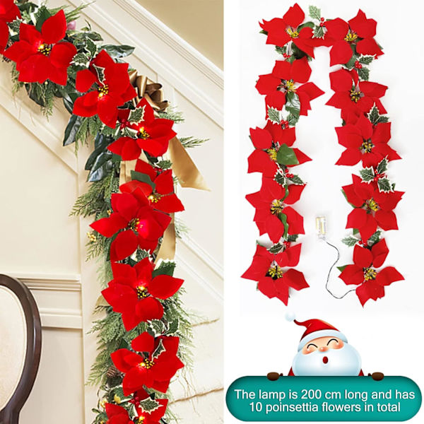 Tekojoulukuusi Valojuova 2m 10LED Paristokäyttöinen Sametti Punainen Marjat ja Holly Lehdet Poinsettia Fl