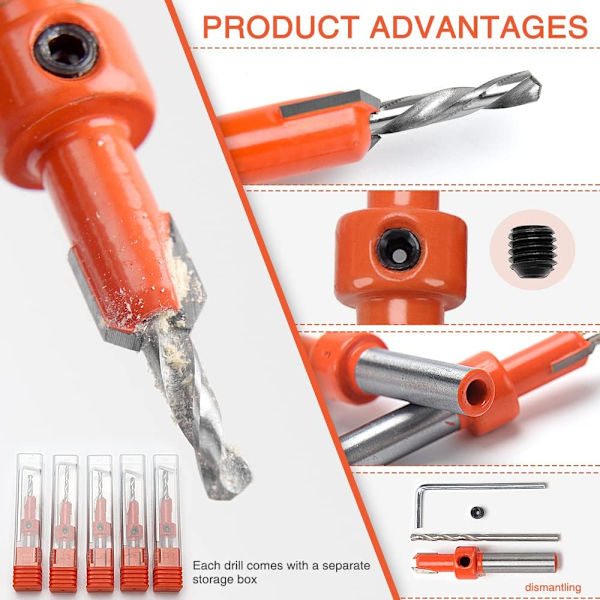 5 st 8 mm Träfasade Borr Bits Countersink Fasade Countersink Borr Bits för Träbearbetning med Hex Nyckel och Skruvar
