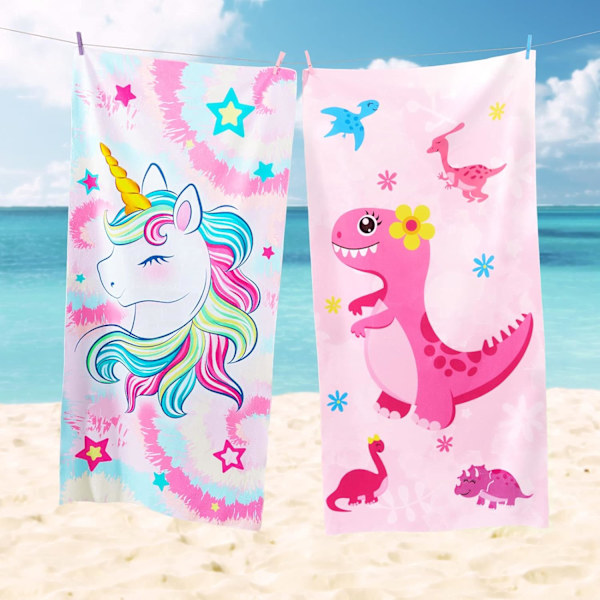 Dinosaurie Barn Strandhandduk - 70 x 150cm Mikrofiber Dino Sandfria Handdukar för Flickor Bad Pool Camping