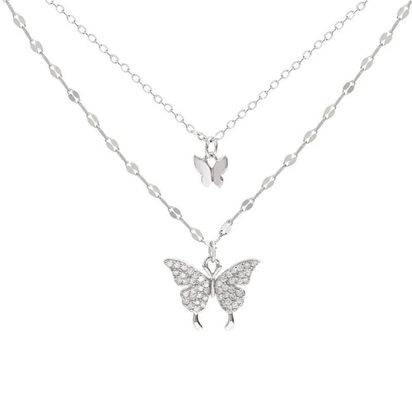 925 Sterling Silver Butterfly Necklace for Women Double Layer Clavicle Chain Shiny CZ Necklace Daint