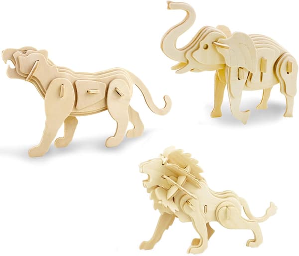 (Elefant Lejon Tiger)Träbyggset 3D Träpussel Jigsa
