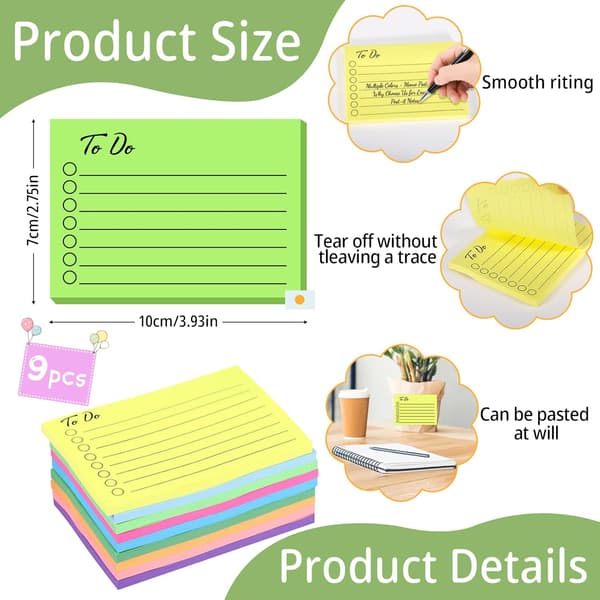 9 pakker super sticky notes, 90 x 76mm fargerike sticky notes, 720