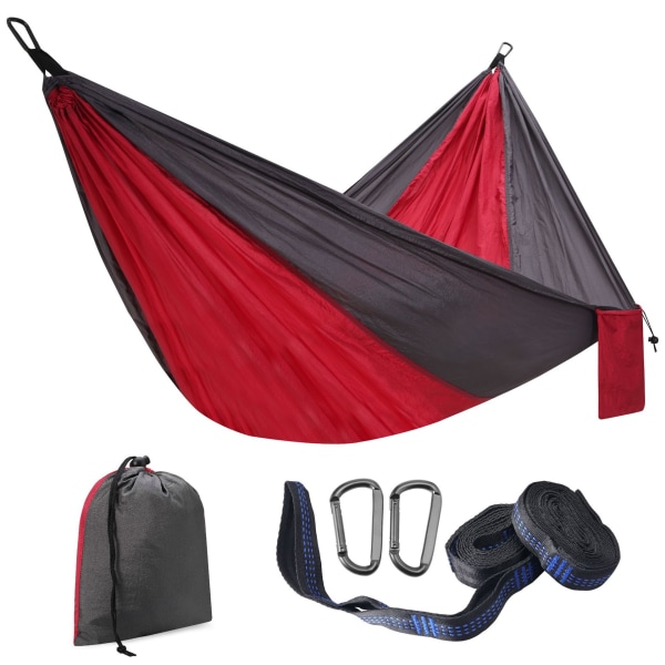 Grayish red outdoor hammock with fixing strap, carabiner and stor