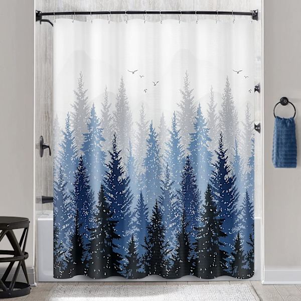(165*180CM) Blå Misty Forest Mountain Naturlig Træ Polyester Bruseforhæng til Badeværelse