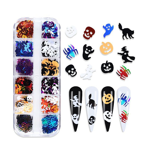 Halloween nagelkonst glitterpaljetter, 3D holografisk skalle spindel pumpa spöke