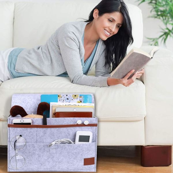 Grå - Caddy Organizer, Sängbord Caddy Filt Sängbord Fickförvaringspåse för Telefon, Fjärrkontroll, Tidning, Penna, Tidskrift, Glas T