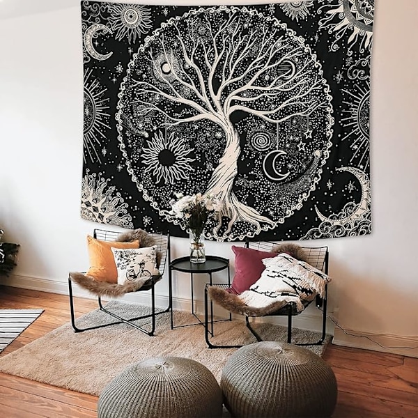 Elämänpuun seinävaate Kuu ja Aurinko (150x130cm) Musta Psykedeelinen Mandala Tähti Seinävaate Hippi Seinä