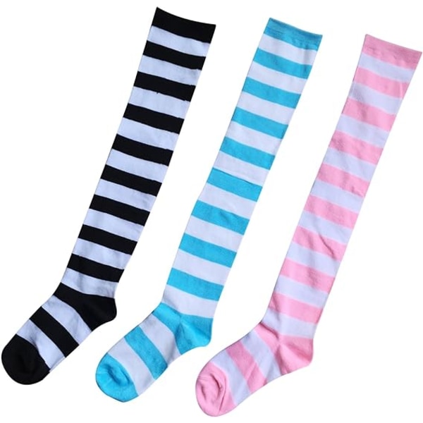 3 Par Strømper til Kvinder - Knæhøje, Simpel Stil, Tykke Striber Sort+Blå+Pink, Medium Størrelse D
