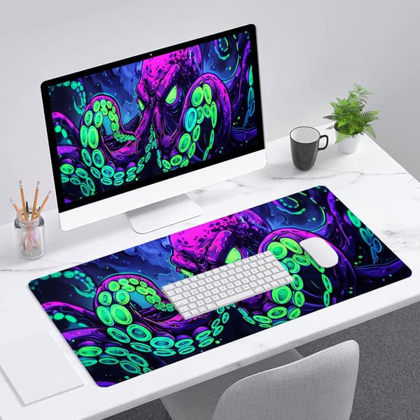 Blekksprut Skrivebordsmatte Gaming Musematte Neon Cthulhu Monster Kul XL Musematte 31.5\"x11.8\"