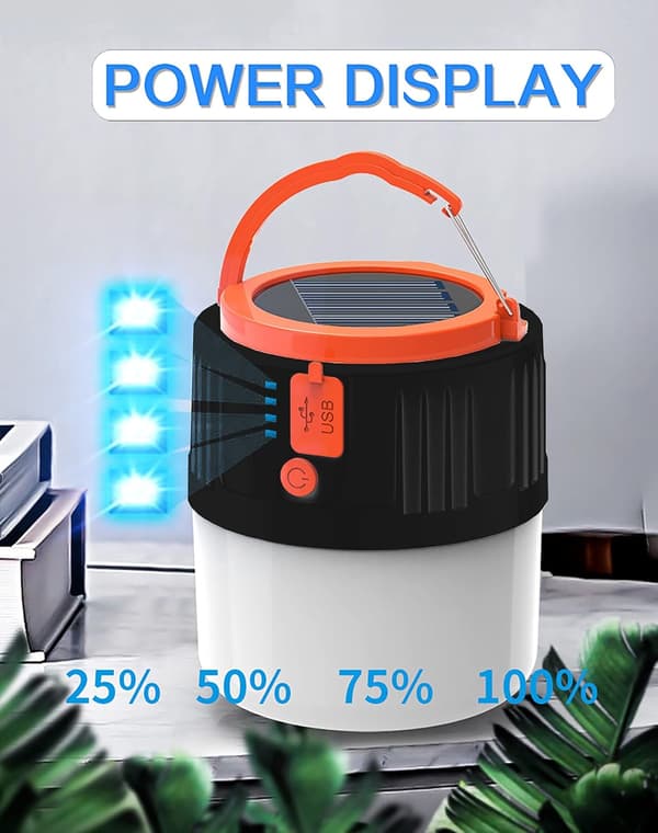 Svart Ladbar Solcellelykt, USB LED Campinglykt H