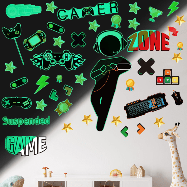 Gamer Room Decor Gaming Väggdekaler Klistermärke-Grön fluorescens- B