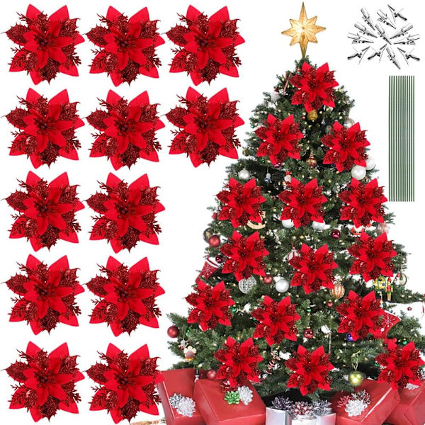 （roung）12 st julstjärnor julblommor för julgran röda konstgjorda julblommor deco Poinset