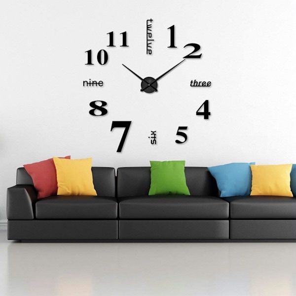 3D Väggklocka (80-130cm), Svart, DIY Digital Väggklocka, Tyst Urverk, Modern Design Väggklocka, Jätte Wal