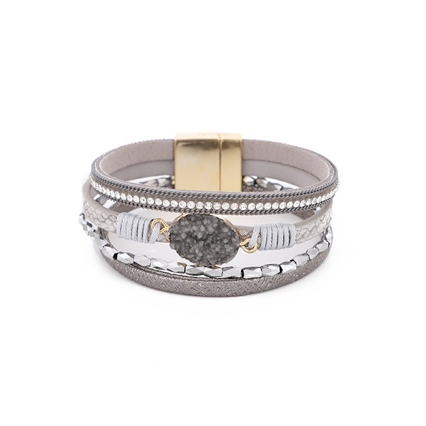 Læder Wrap Armbånd Boho Manschet Armbånd Krystal Perle Armbånd med Magnetisk Spænde til Kvinder (Grå) Q