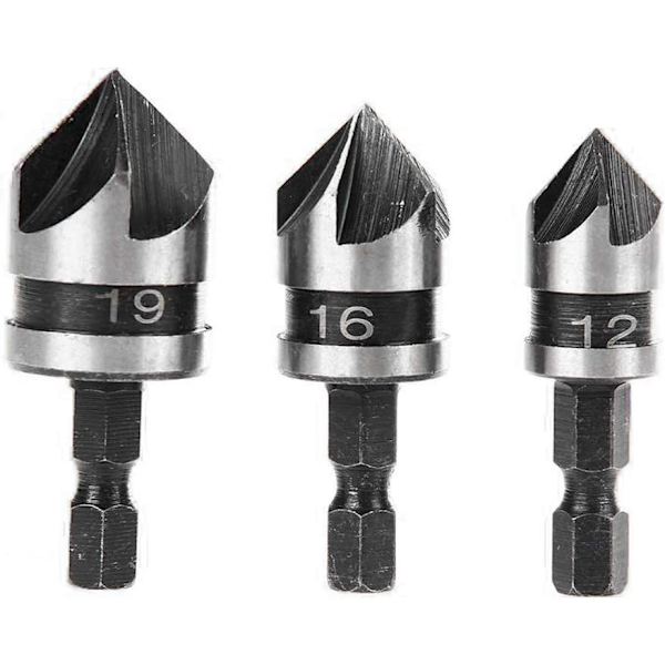3-pack 90 Graders 5-flöjts Fasbits Set för Trä, Metall Snabbbyte 1/4\" Hex Fasborr Kolstål W
