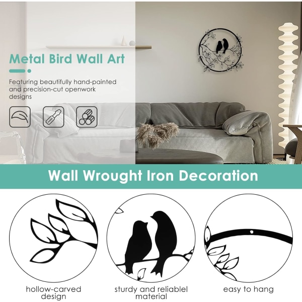 Metall väggkonst, rund metall väggdekoration, metall fågelvägg dekoration