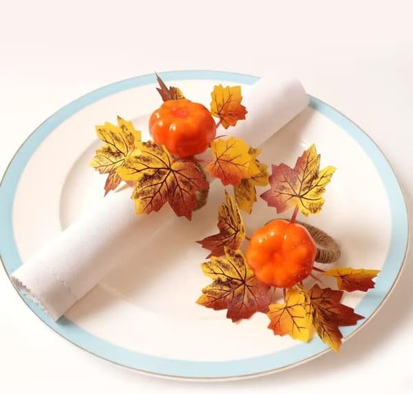 Høstlige gresskar-serviettringer, 6 stk. Serviettholdere med lønneblad til Thanksgiving