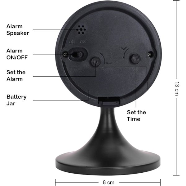 Metallisk ikke-tikkende analog alarmklokke, retro svart snooze-alarm C