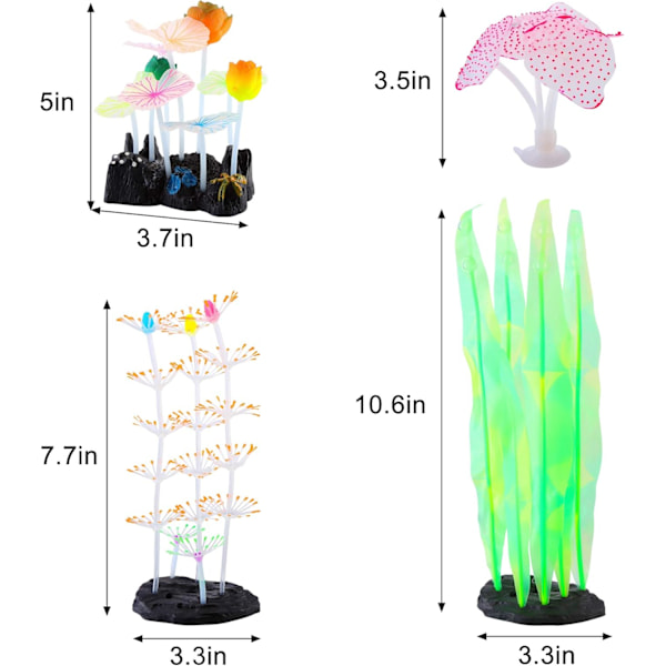 4 kpl hohtavia akvaariokoristekasveja, hohtavia akvaariokorallien koristeita hohtavia sieniä