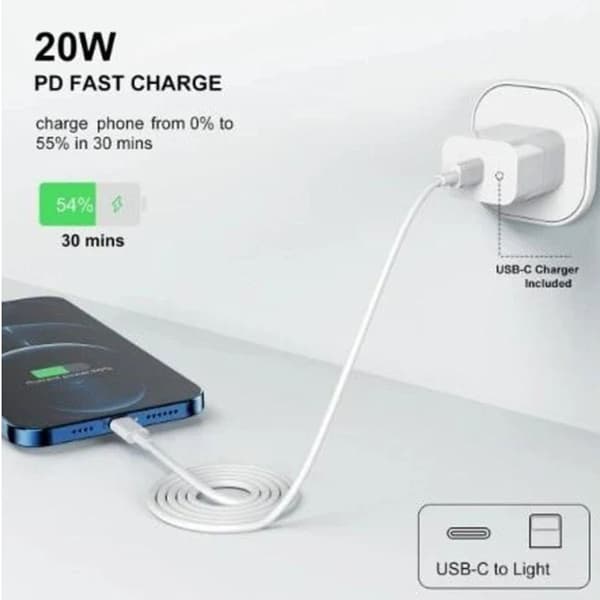iPhone snabbladdare USB-C strömadapter 20W + 2m kabel Vit