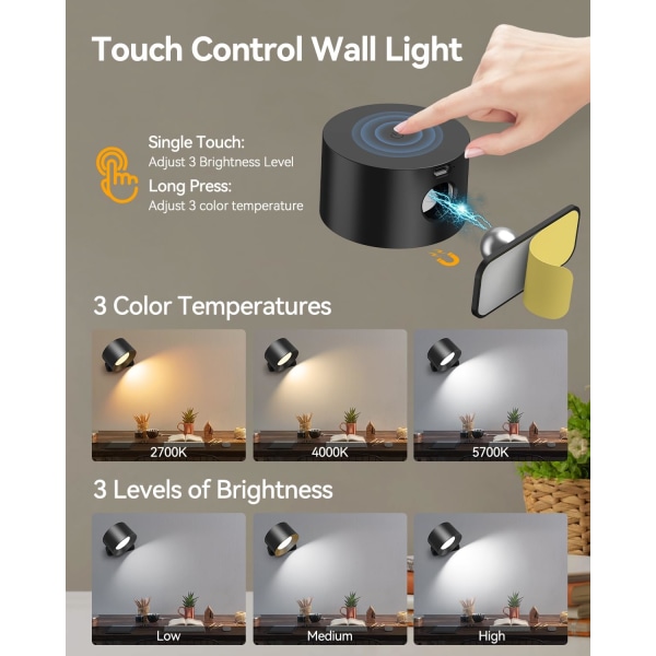 Vägglampa inomhus, Touch Uppladdningsbar LED-vägglampa med typ-C C