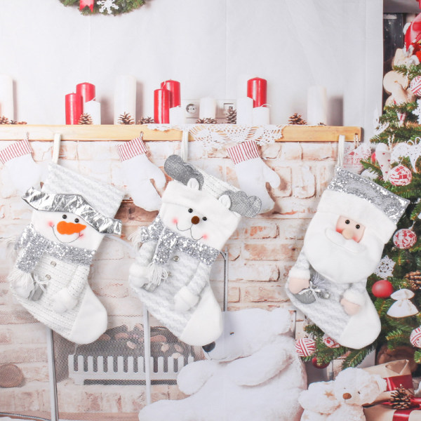Julstrumpor (Silver), 3-pack Julgåväska Dekoration Gåva Björnen, älgen, tomten Ornament Godispåse Chris D