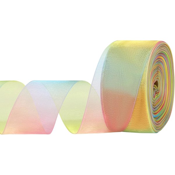 Genomskinlig organza-band 38 mm x 45 m, premium glitterband, chiffongband (38 mm (1-1/2\"), ljus regnbåge)