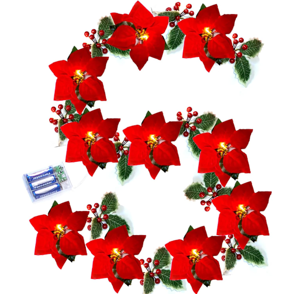 Artificial Poinsettia String Lights 2m 10LED Battery Powered Velvet with Red Berries and Holly Leaves Poinsettia Fl