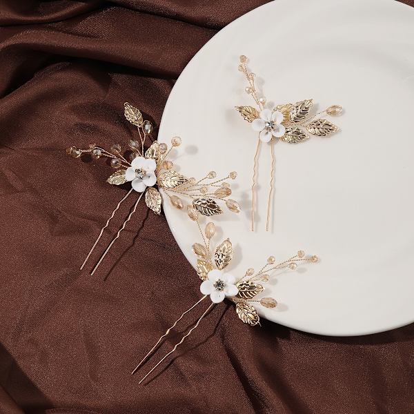 Set med 3 bröllops-håraccessoarer - Bröllopsblommor i guld, hårnålar för kvinnor och flickor O